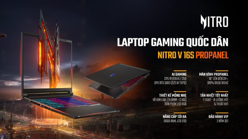 Nitro V 16S ProPanel là laptop gaming mỏng nhẹ, hiệu năng cao